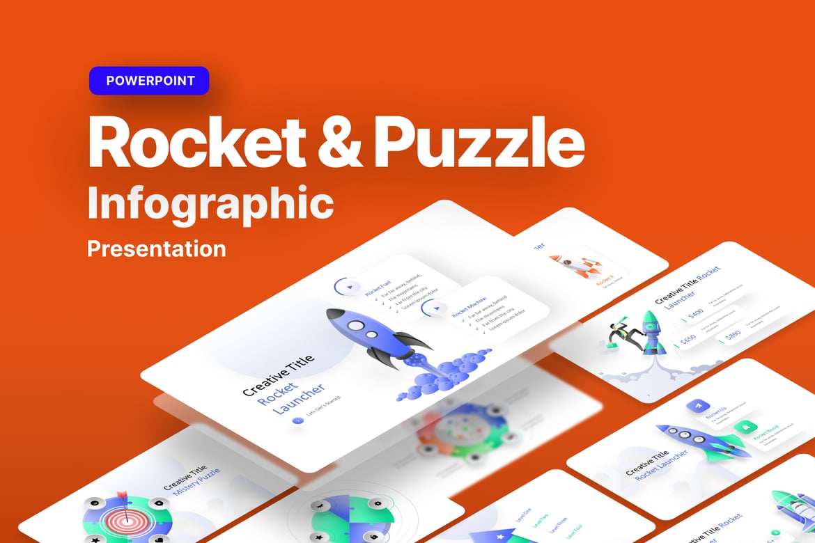Template PowerPoint Infografis Roket & Puzzle yang Menarik