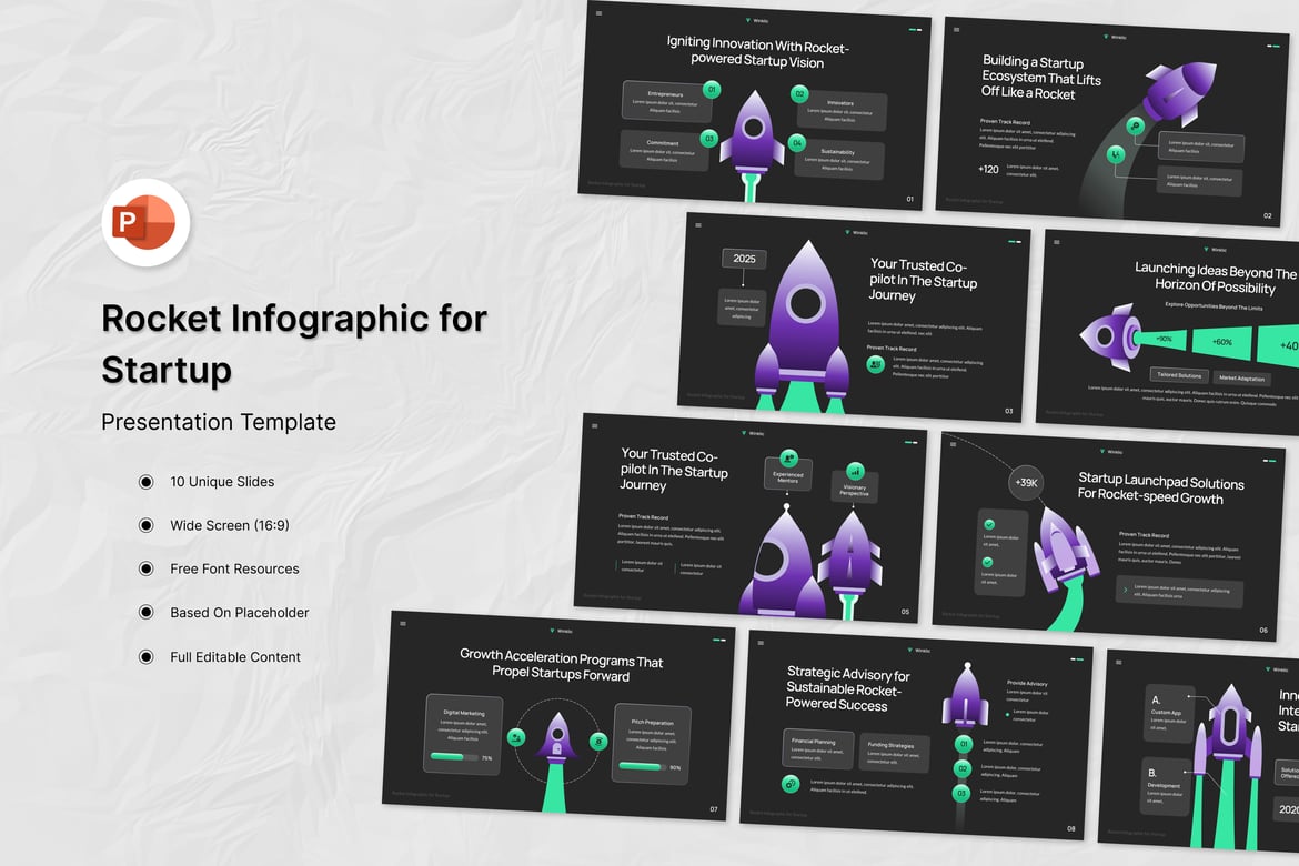 Template Presentasi PowerPoint Infografis Roket untuk Startup