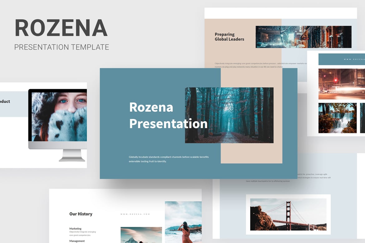 Template Presentasi Rozena - Powerpoint dengan Warna Cyan dan Sienna