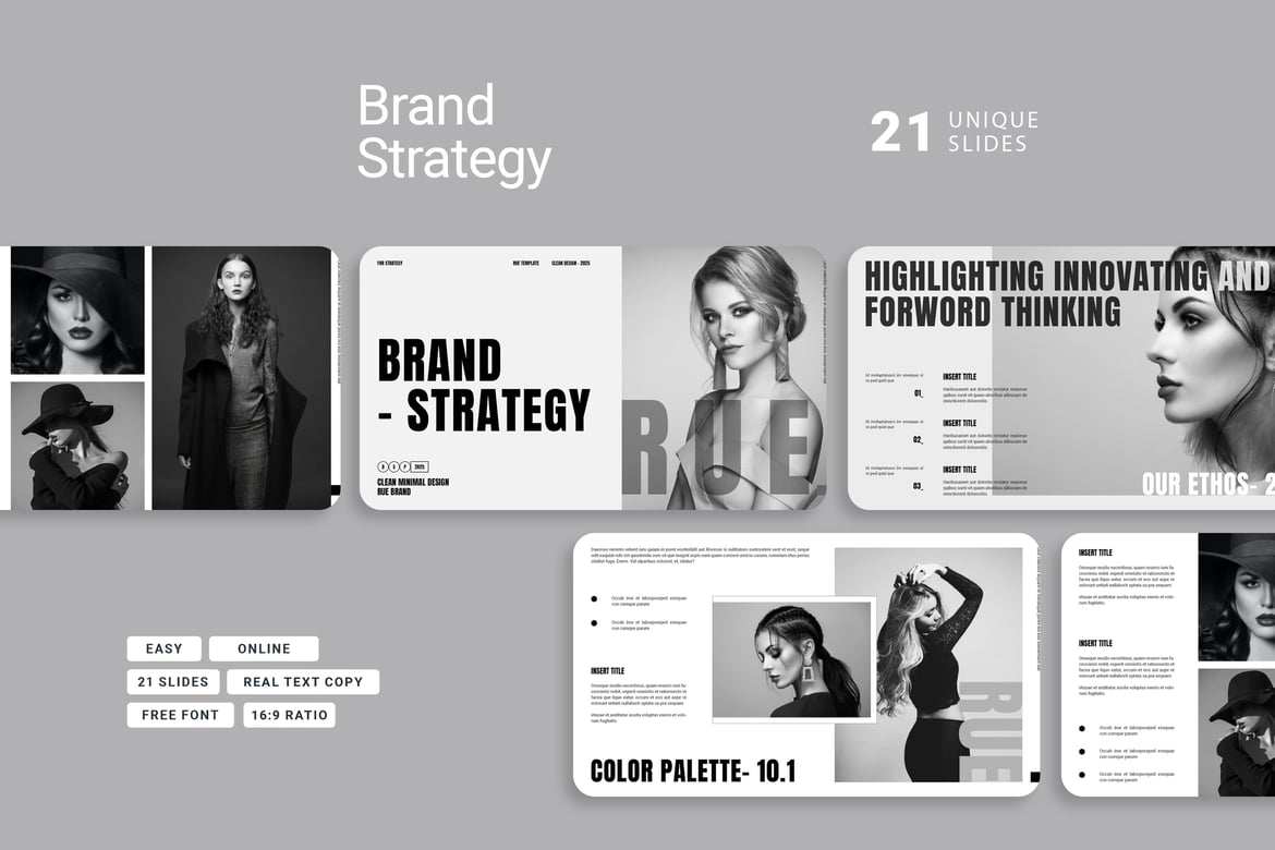 Template Powerpoint Strategi Merek Rue yang Modern dan Kreatif