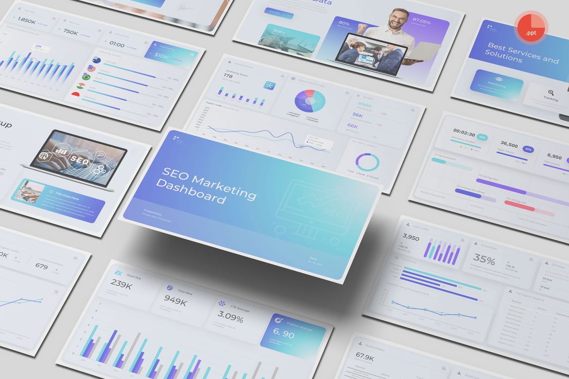 Template PowerPoint Dashboard SEO dan Pemasaran yang Menarik