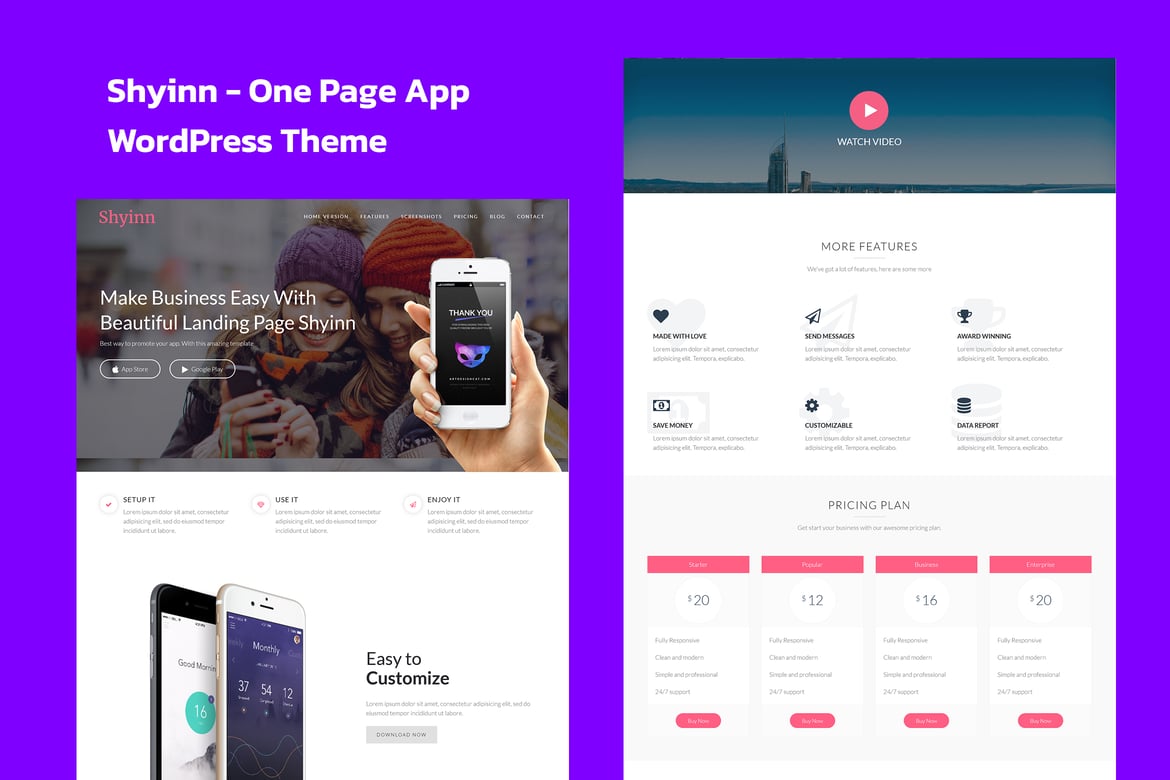 Shyinn - Tema WordPress Halaman Satu untuk Aplikasi Anda yang Menawan