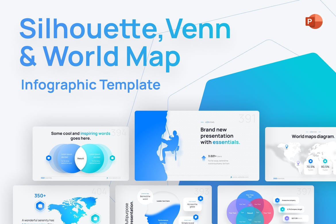 Template PowerPoint Siluet, Venn & Peta Dunia yang Menarik