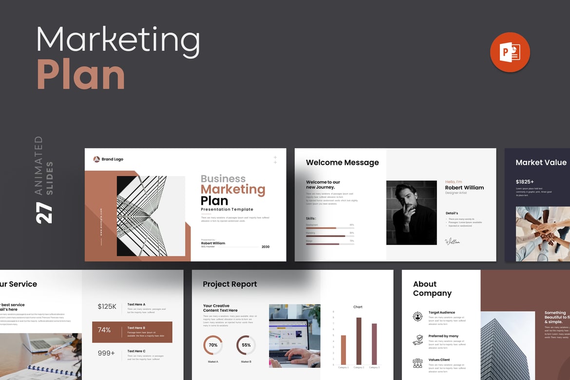 Template PowerPoint Rencana Pemasaran Sederhana yang Menarik