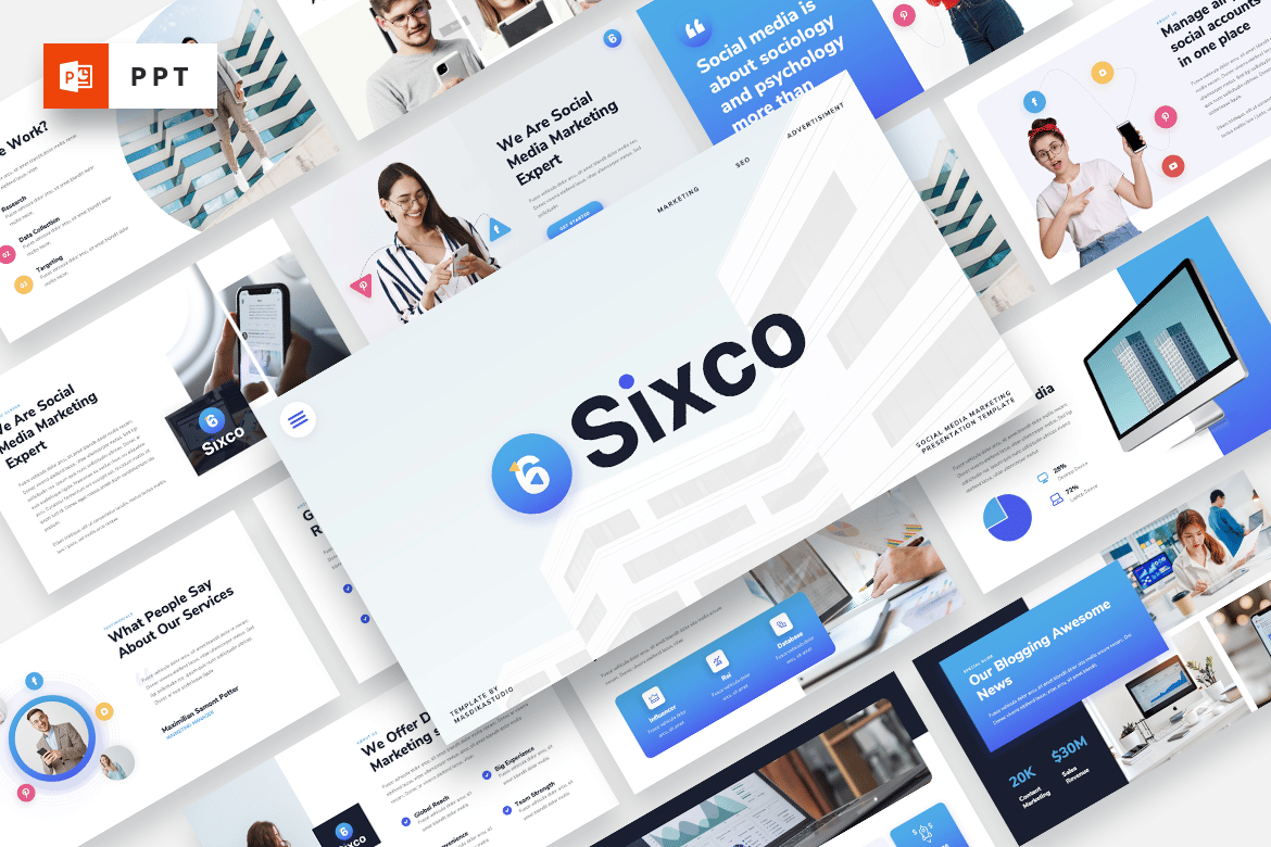 Template PowerPoint Pemasaran Media Sosial Sixco yang Modern dan Profesional