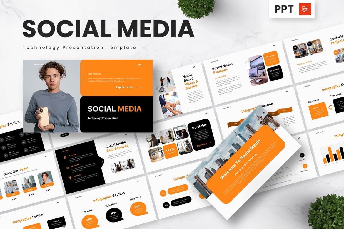 Template Powerpoint Media Sosial dan Teknologi yang Menarik