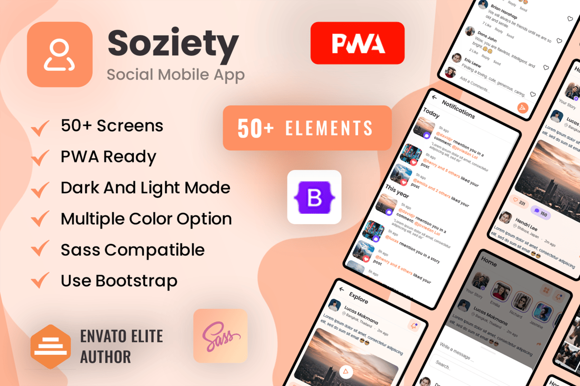 Template Aplikasi Mobile Jaringan Sosial (Bootstrap PWA) yang Modern dan Responsif