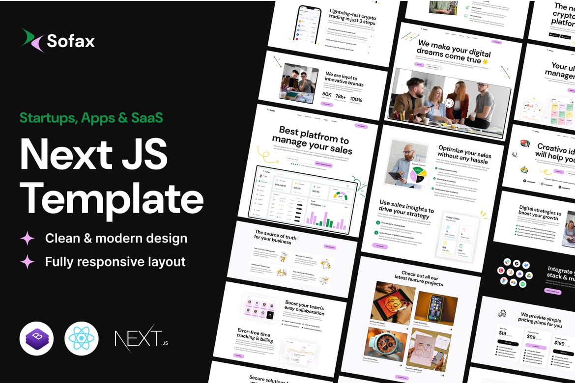 Sofax – Template Website SaaS Startup Menggunakan React Next.js