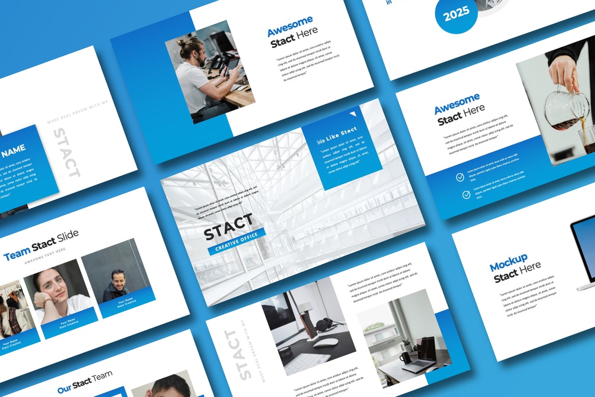 Template PowerPoint Stact dengan Gradasi Biru yang Kreatif