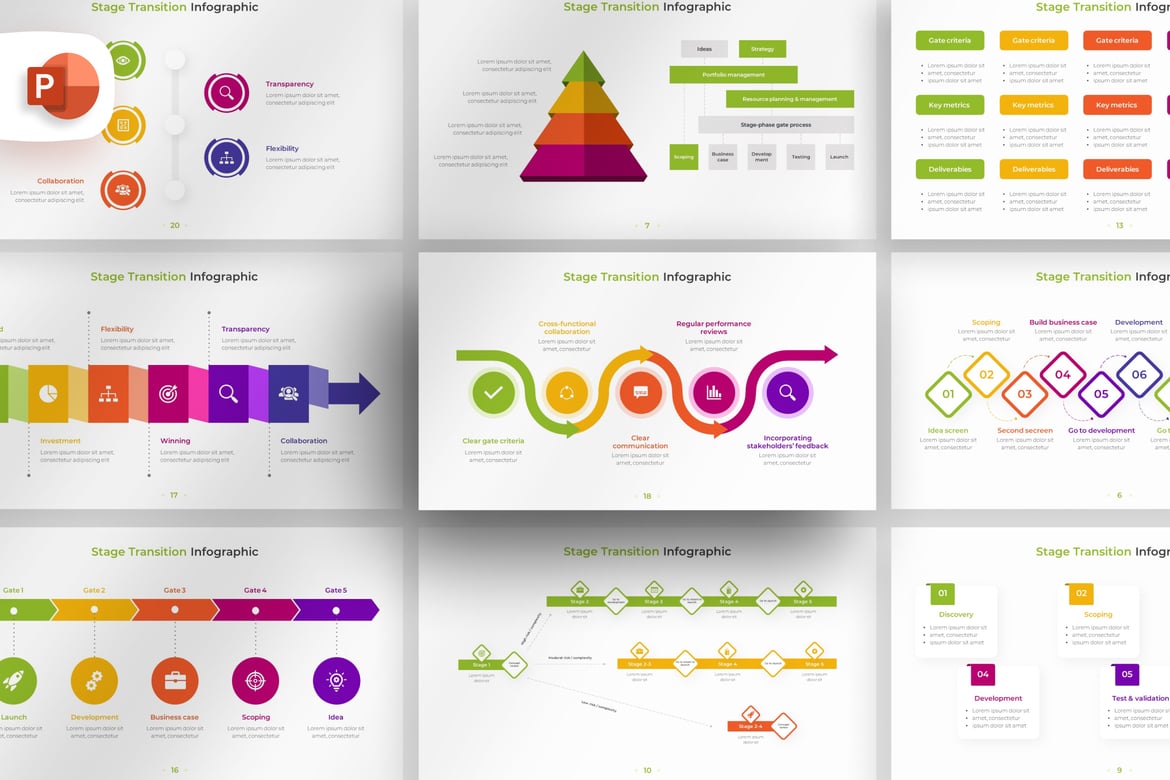 Template PowerPoint Infografis Transisi Penuh Warna untuk Presentasi Menarik