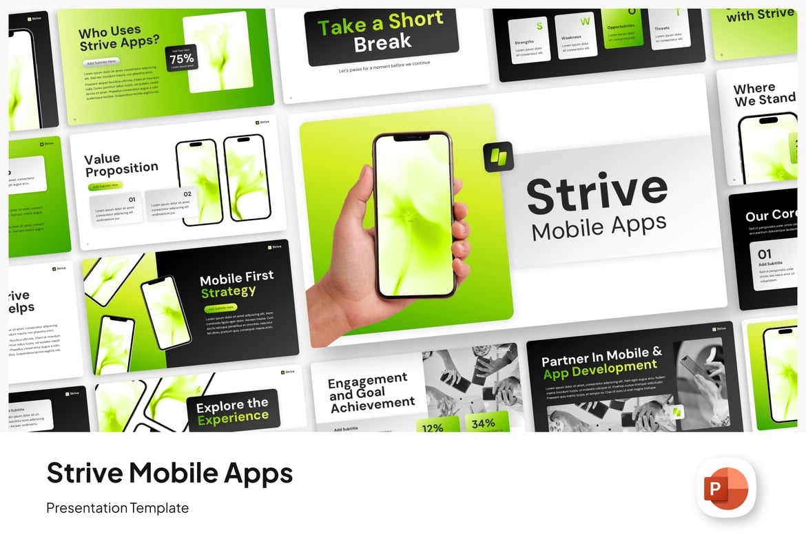 Template Presentasi PowerPoint Aplikasi Mobile Strive yang Kreatif