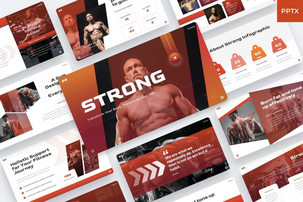 Template PowerPoint Gym & Fitness yang Kuat dan Menarik