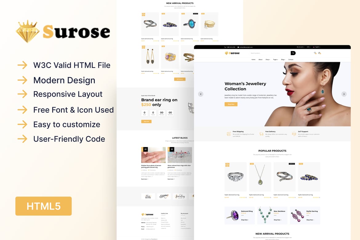 Surose - Template Website E-Commerce Perhiasan yang Responsif dan Modern