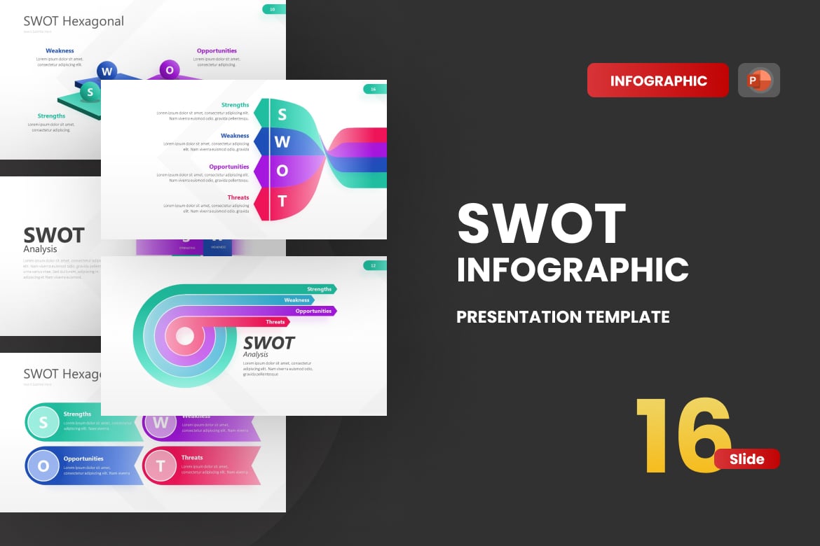 Template PowerPoint Infografis SWOT dengan Gradasi Menarik