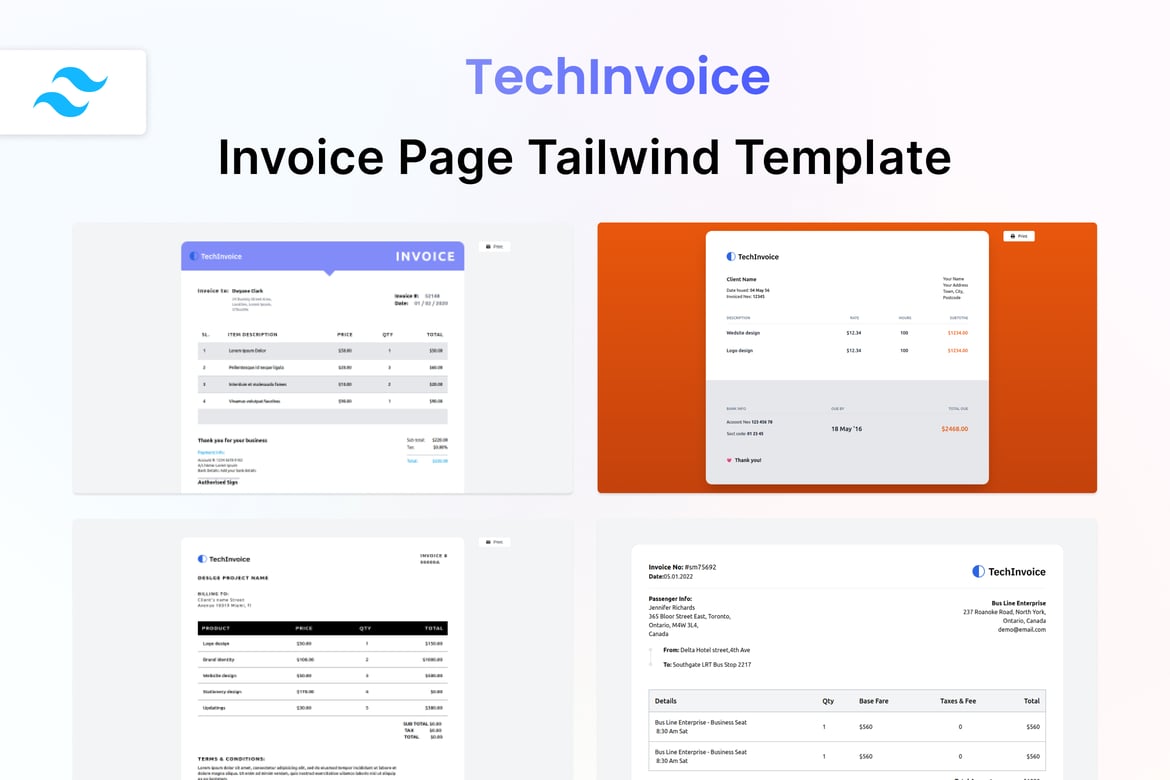 TechInvoice - Template Website Halaman Faktur dengan Tailwind HTML