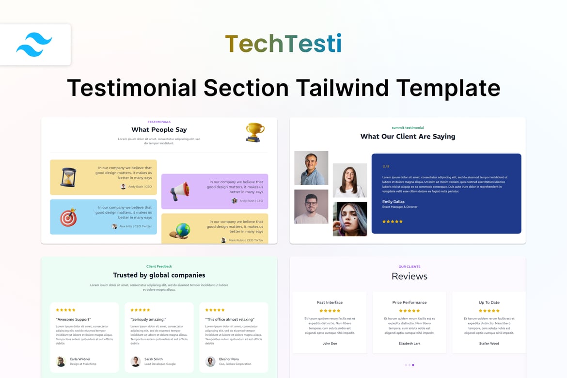 TechTesti - Template Testimonial Section Tailwind yang Menarik