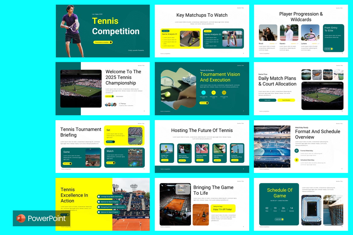 Template PowerPoint Kompetisi Tenis yang Dinamis dan Menarik