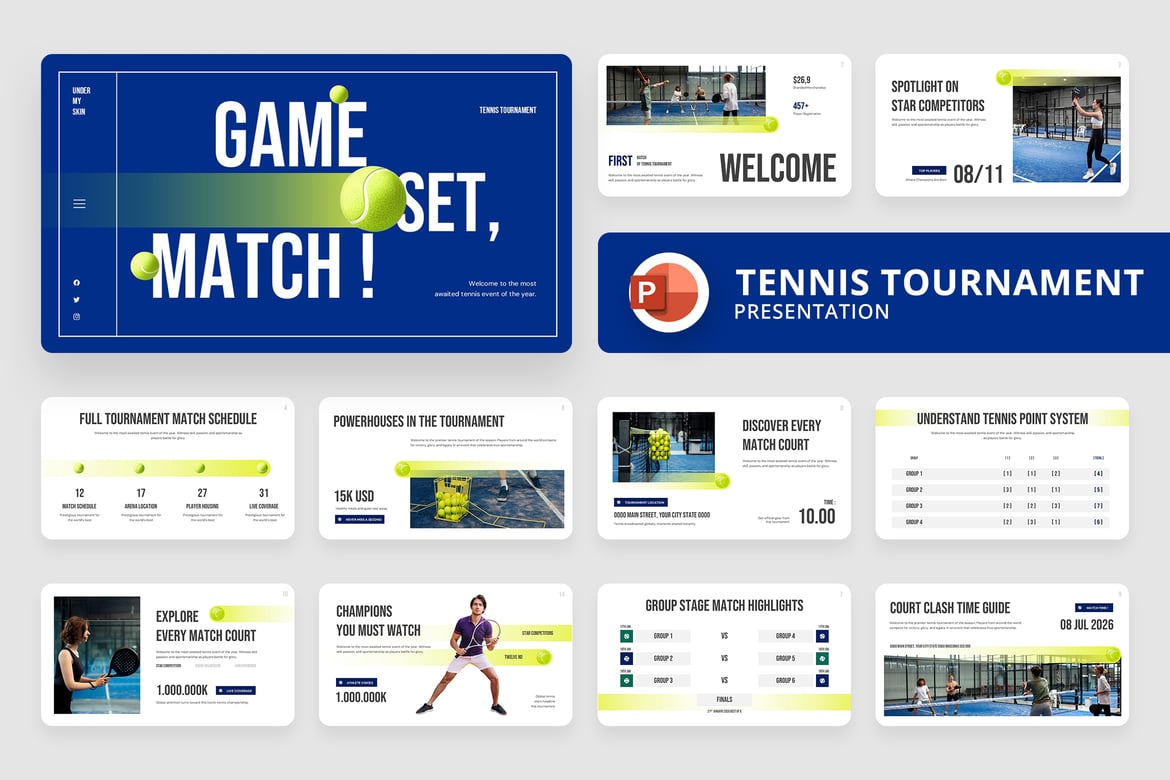 Template Presentasi Turnamen Tenis yang Dinamis dan Profesional