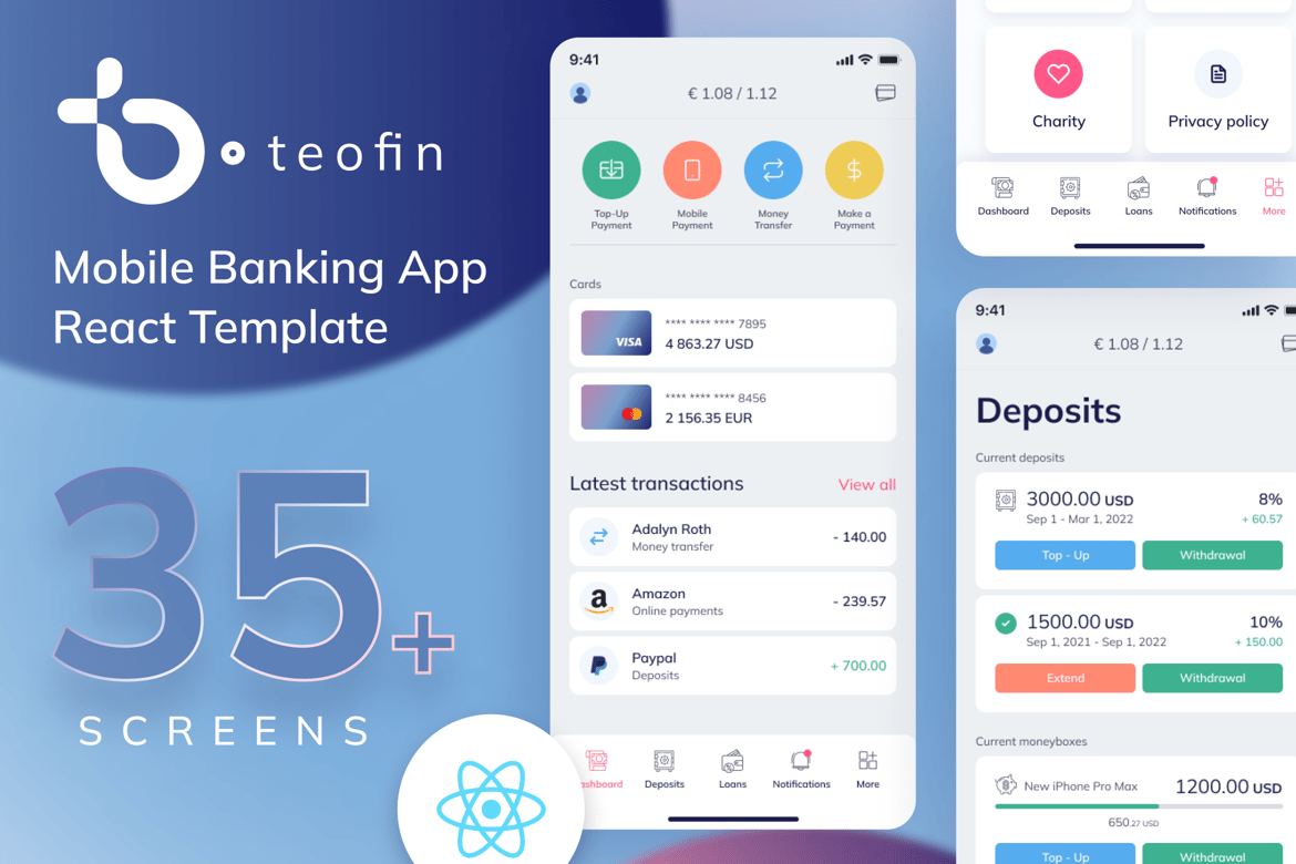 Teofin - Template Aplikasi Perbankan Mobile React | PWA Modern