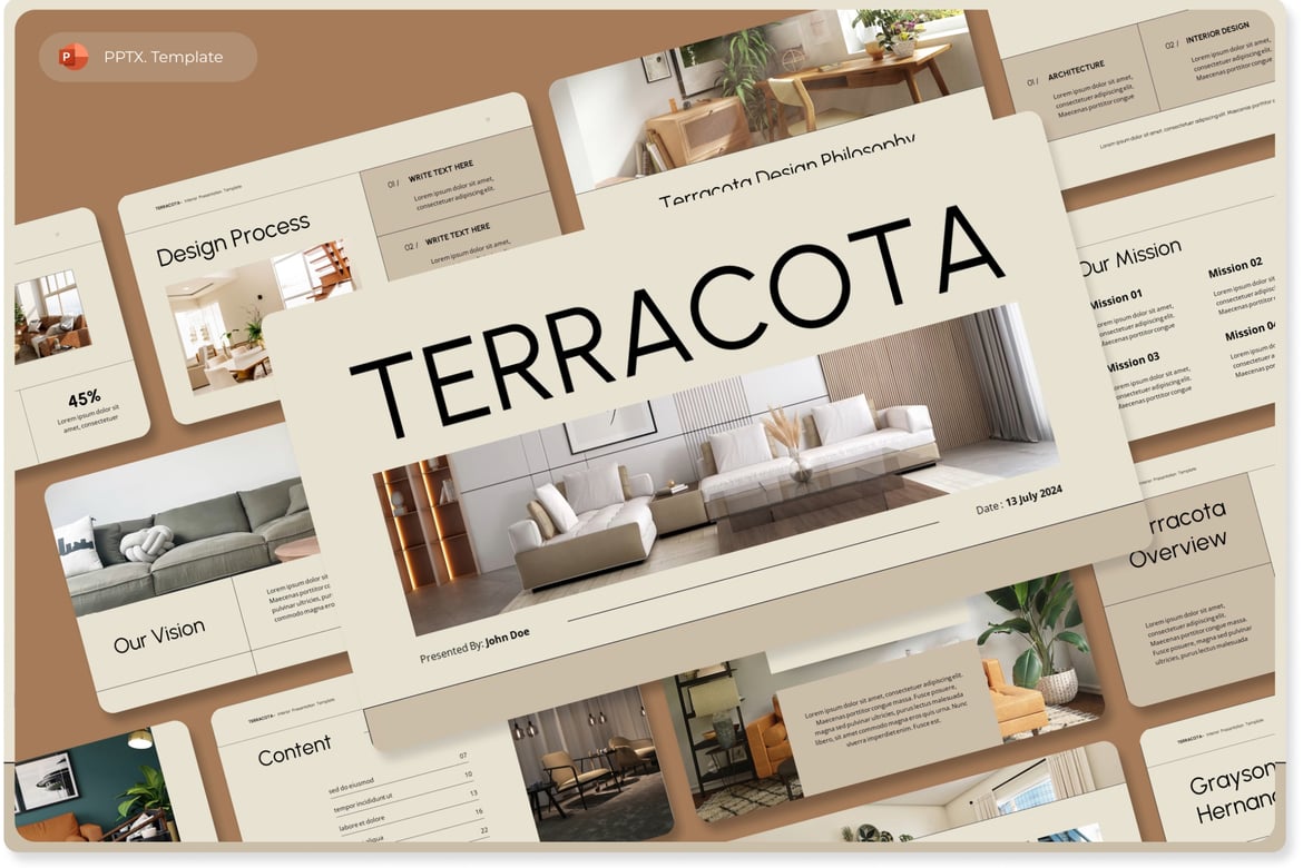Template PowerPoint Desain Interior Terracota yang Elegan