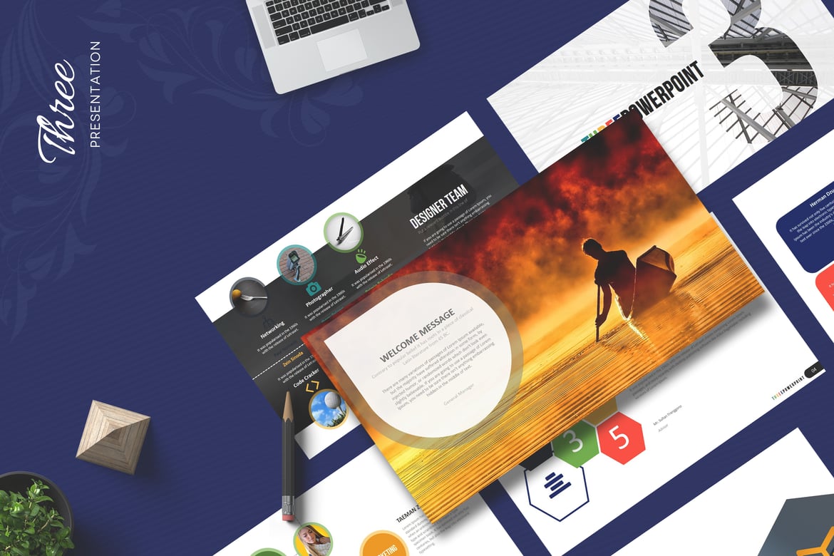 Template Presentasi PowerPoint Tiga yang Kreatif dan Multifungsi