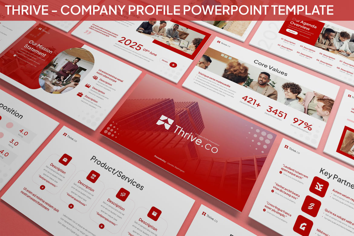 Template PowerPoint Profil Perusahaan Thrive yang Elegan dan Profesional