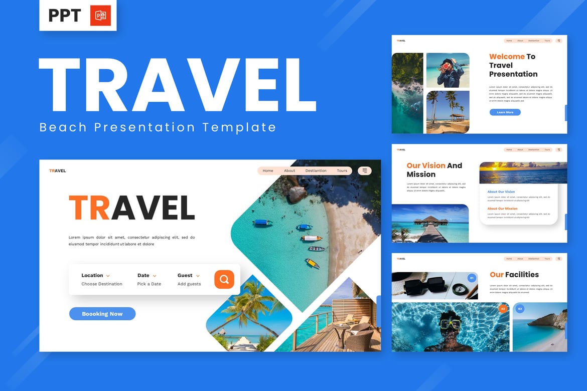 Template PowerPoint Pantai untuk Presentasi Perjalanan yang Menarik
