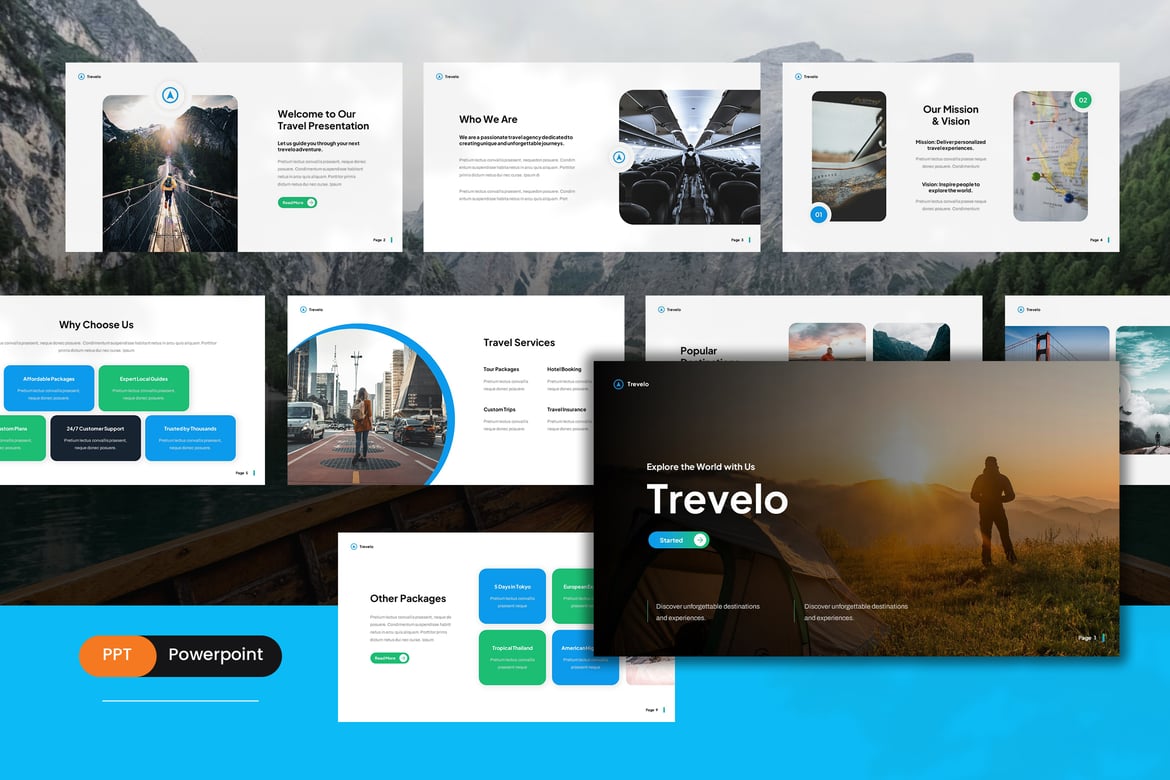Template Presentasi PowerPoint Travelo untuk Perjalanan yang Menarik