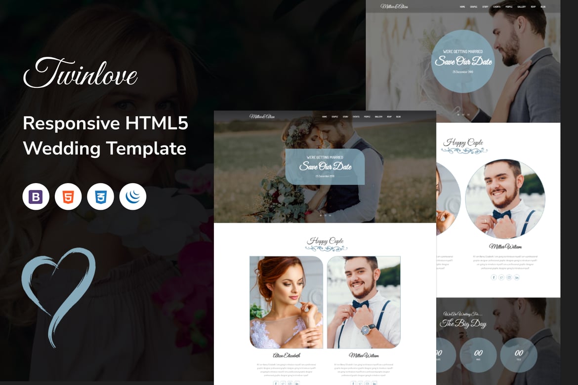 Template Website Pernikahan Responsif Twain Love - Elegan dan Modern