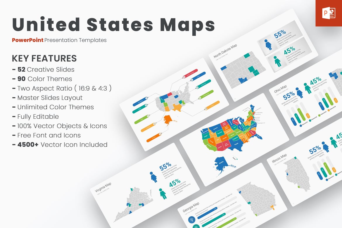 Template PowerPoint Peta Amerika Serikat yang Menarik