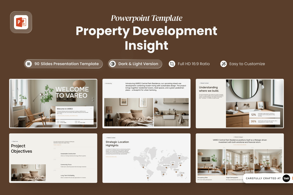 Template Presentasi PowerPoint Vareo - Wawasan Pengembangan Properti yang Menarik