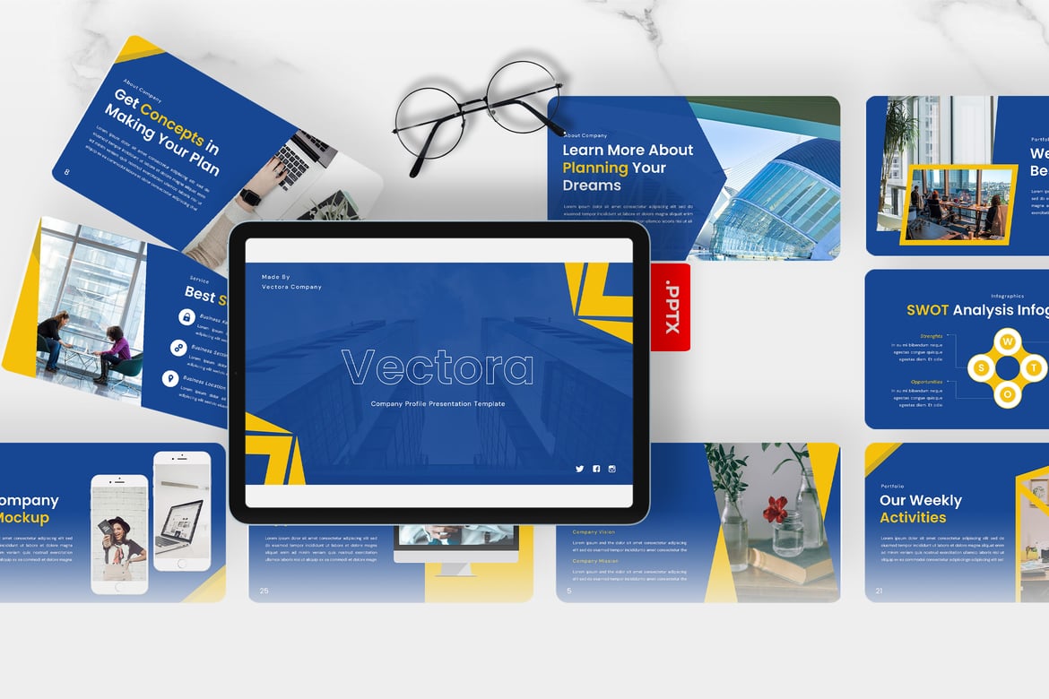 Template PowerPoint Profil Perusahaan Vectora yang Modern dan Menarik