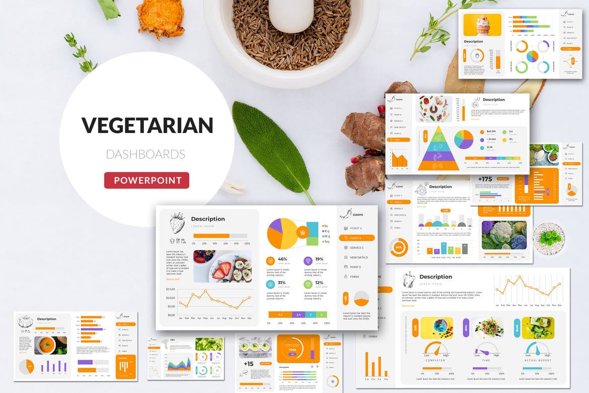 Template Presentasi PowerPoint Dashboard Vegetarian yang Menarik