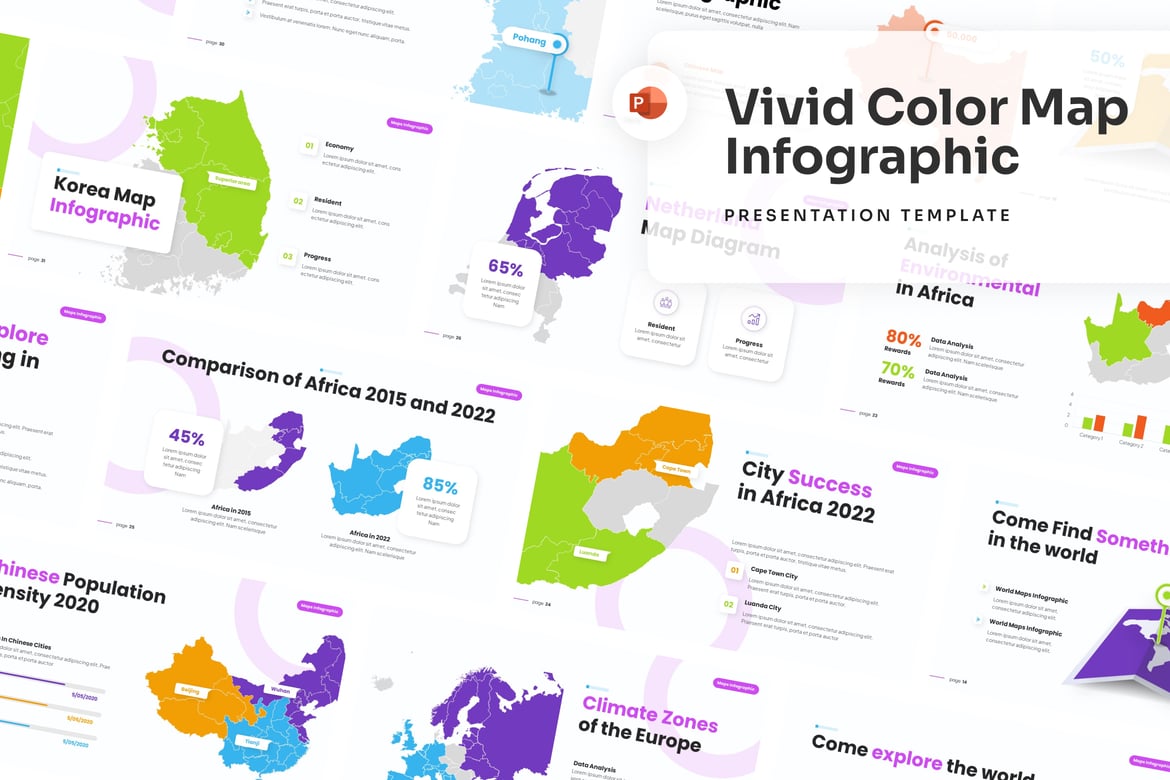 Template PowerPoint Peta Warna Vivid yang Menarik