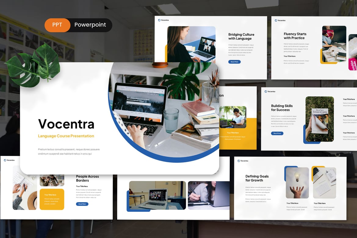 Template Presentasi PowerPoint Kursus Bahasa Vocentra yang Menarik