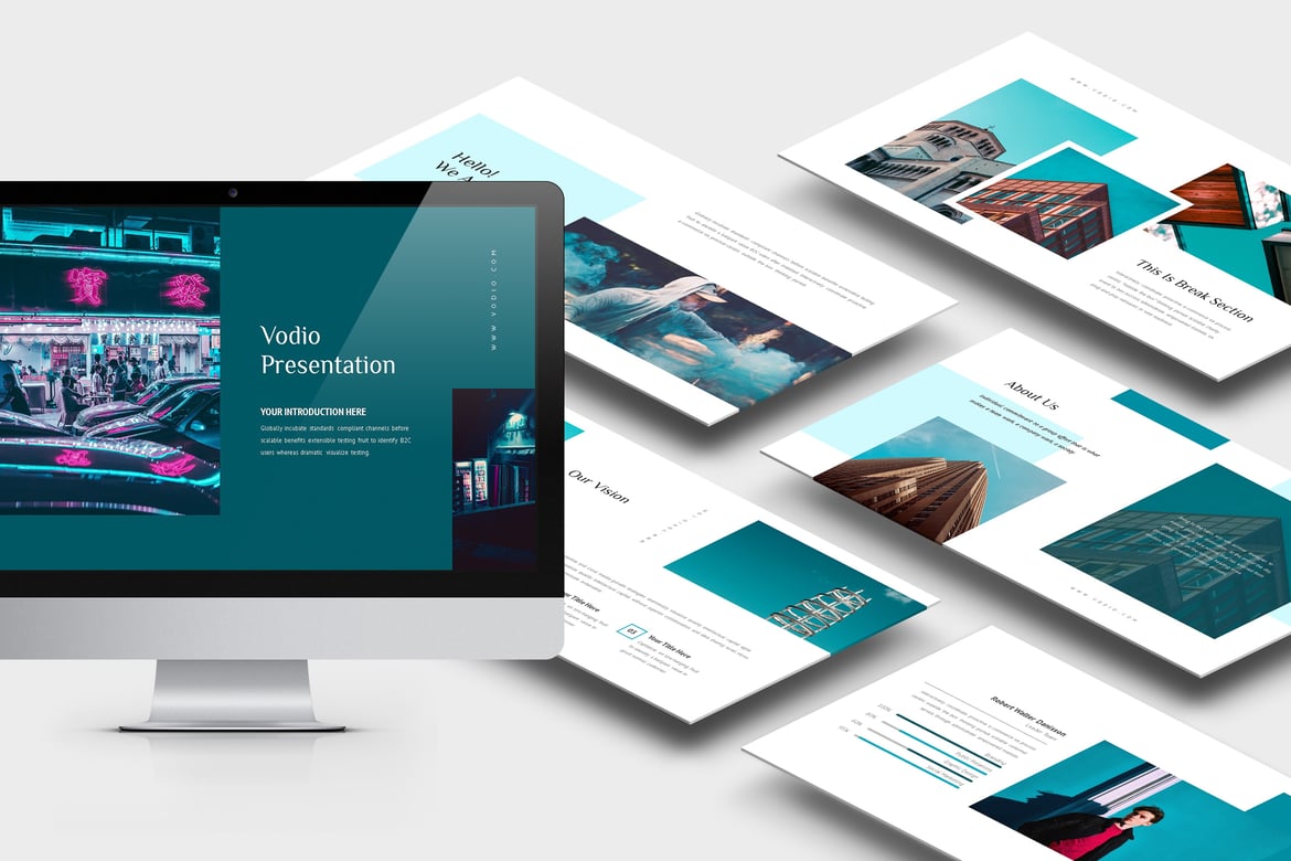 Template Presentasi PowerPoint Vodio dengan Warna Gradasi Cyan
