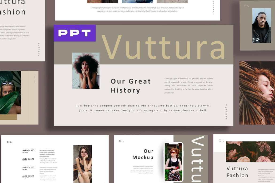 Template Presentasi PowerPoint Vuttura Lookbook yang Modern dan Minimalis
