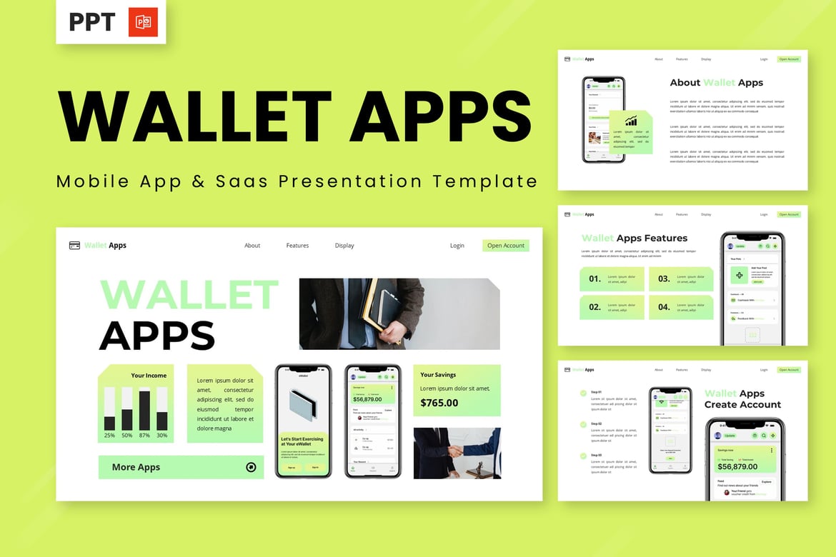 Template PowerPoint Aplikasi Dompet - Solusi Presentasi Kreatif untuk Mobile dan SaaS