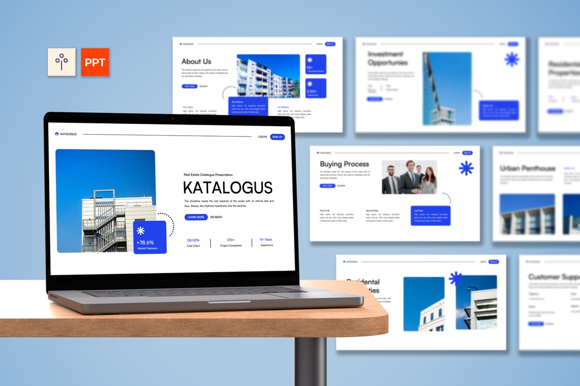 Template PowerPoint Katalog Real Estat Modern Putih-Biru yang Menarik