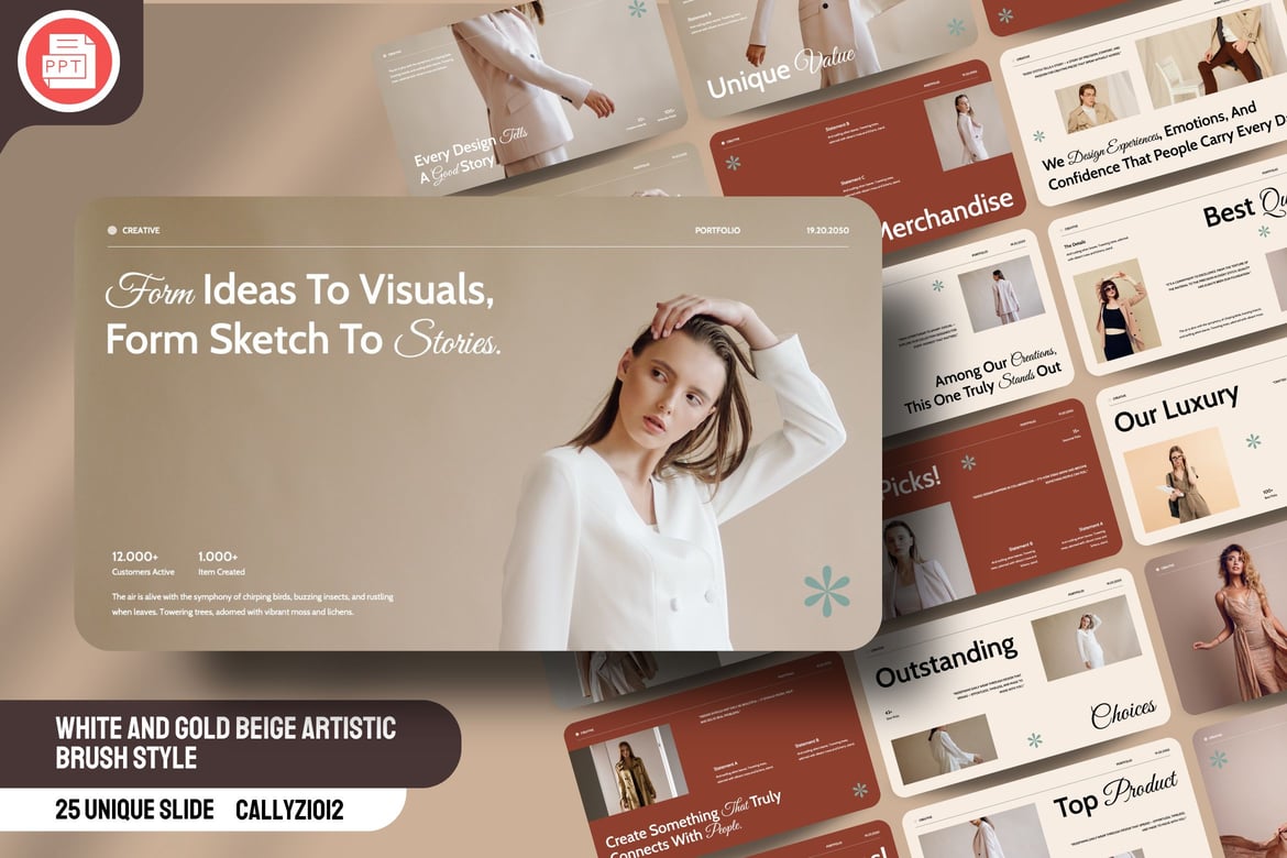 Template PowerPoint Artistik Putih Emas Beige 002 yang Elegan