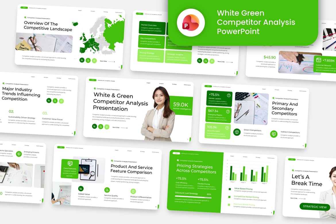 Template Powerpoint Analisis Kompetitor Putih Hijau yang Kreatif dan Modern