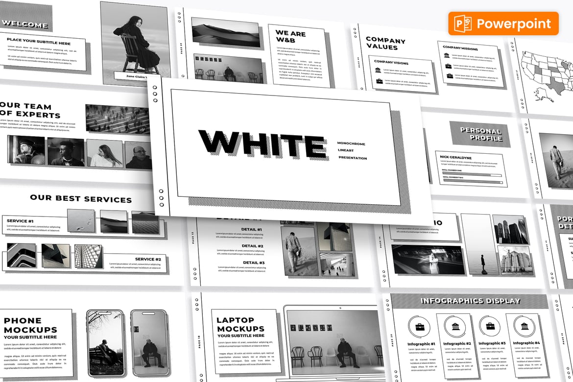Template Presentasi PowerPoint Monochrome Putih yang Menarik dan Serbaguna