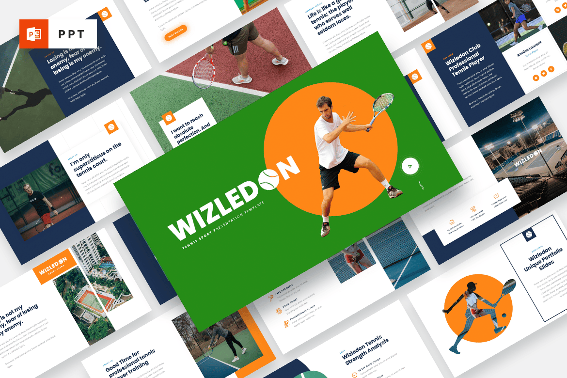Template Presentasi PowerPoint WIZLEDON untuk Olahraga Tenis yang Modern dan Profesional