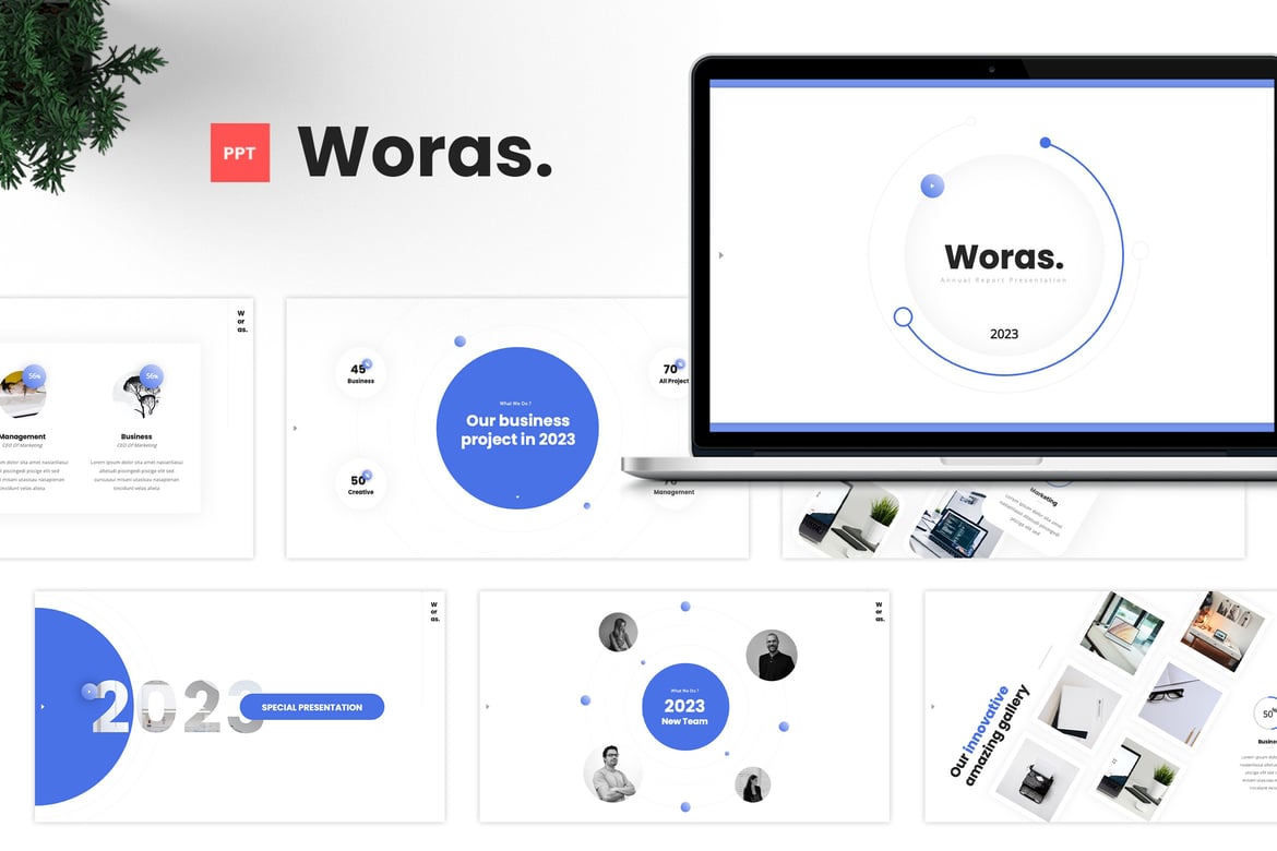 Template Presentasi Tahunan Woras - PowerPoint Kreatif dan Modern