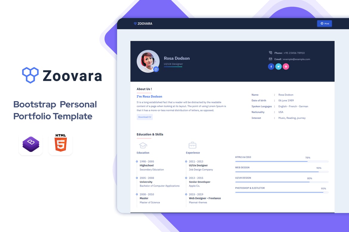 Zoovara - Template Website Portofolio dan CV Pribadi Modern